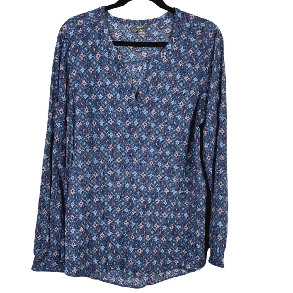 Eddie Bauer Tunic Top Women's Size XL Blue Geometric Boho Rayon Print